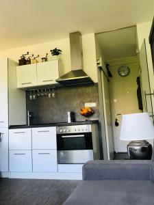 uma cozinha com armários brancos e um forno com placa de fogão em Krumlove em Cesky Krumlov