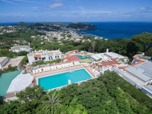 vista aerea su una villa con piscina di Appartamenti Ischia la Sentinella a Ischia