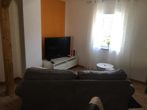 a living room with a couch and a flat screen tv at FeWo Altwahnsdorf in Radebeul