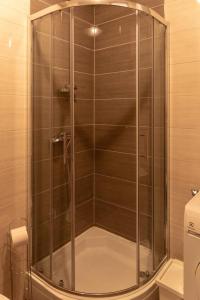W łazience znajduje się prysznic ze szklanymi drzwiami. w obiekcie Apartment Marina w Trogirze