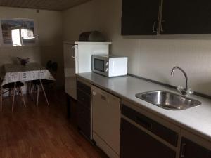 eine Küche mit einer Spüle und einer Mikrowelle in der Unterkunft Dalsgaard in Vojens