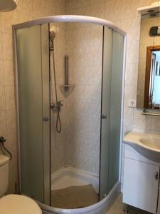 eine Dusche mit Glastür neben einem Waschbecken in der Unterkunft VILLA DIVNA in Labin + 26 Fotos