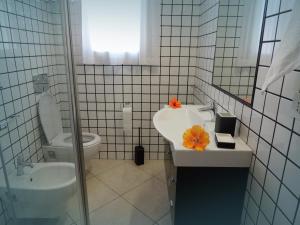 bagno con servizi igienici e lavandino con fiori di Arcupintau a Villasimius