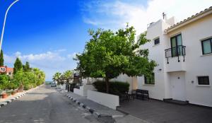 een lege straat met een boom en een gebouw bij Christos beach house in Larnaka