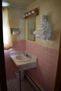 a pink bathroom with a sink and a mirror at Mid-City Motel in Sault Ste. Marie