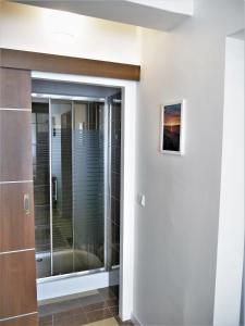 Una puerta de cristal en el baño con ducha. en Apartament Kaszubski en Jastrzębia Góra