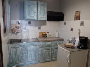 a kitchen with blue cabinets and a refrigerator at Ammos papanero in Agios Ioannis Pelio