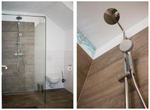 2 Bilder eines Badezimmers mit Dusche und WC in der Unterkunft Riverside Apartment in Tarrenz