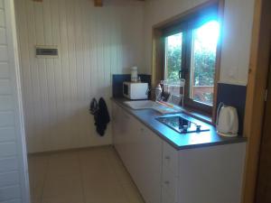 a kitchen with a counter with a microwave and a window at Domki letniskowe U Joli - Jolanta Potrykus in Władysławowo