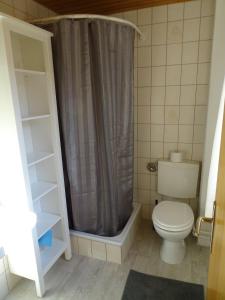 a bathroom with a toilet and a shower curtain at Der Ferienhof am Meer in Fehmarn