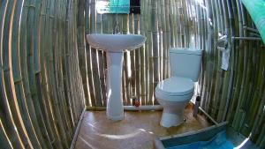 a bathroom with a toilet and a sink in bamboo at Eagle Nest in Martvili