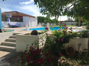 a garden with flowers and a swimming pool at Villa pilonga in Dos Hermanas