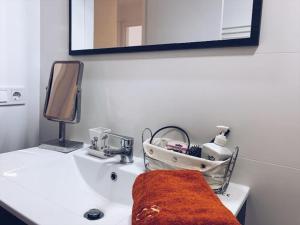 馬德里的住宿－Piso acogedor y tranquilo - Junto a ifema y aerop.，浴室配有带镜子的盥洗盆和毛巾