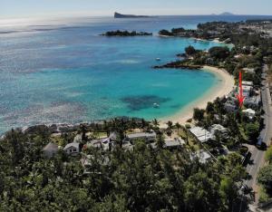 - une vue aérienne sur une plage avec des maisons et l'océan dans l'établissement Haute Crécerelle, à Pereybere