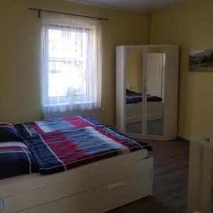 a bedroom with a bed and a window and a mirror at Ferienwohnung in Ostseenähe in Grevesmühlen