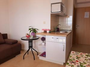 a small kitchen with a sink and a table in a room at Solis in Milna