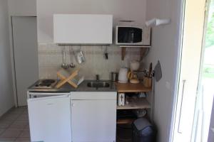 a small kitchen with white cabinets and a sink at le petit bois in Valaurie