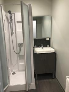 W łazience znajduje się umywalka oraz prysznic z lustrem. w obiekcie La Bonne Franquette w mieście Noizay