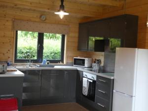 a kitchen with stainless steel appliances and a white refrigerator at Pound Farm Holidays - Orchard Lodge in Cullompton