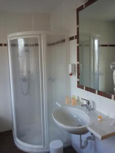 een badkamer met een douche en een wastafel bij Hotel Laerchenhain in San Valentino alla Muta