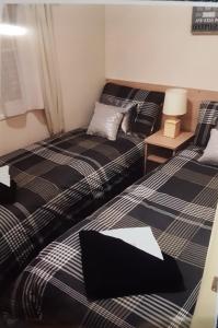 a bedroom with two beds and a table with a lamp at Craigrossie lodge33 in Auchterarder