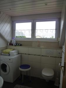 a small bathroom with a toilet and a window at Ferienwohnung Oswald in Isny im Allgäu