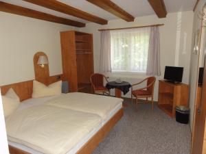 1 dormitorio con cama, mesa y TV en Hotel Garni Melchendorf, en Erfurt