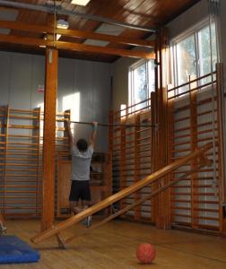 a man is standing on a pole in a gym at Gafsele Lappland Hostel in Väster Gafsele