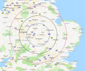 un mapa de los EE.UU. con un círculo rojo en The Loft : Luxury Countryside Retreat for Family & Friends en Clipston