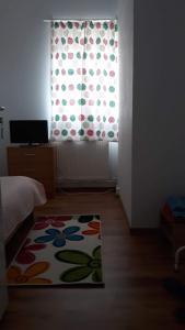 a bedroom with a window with a curtain and a rug at Canadian House in Sărata-Monteoru