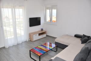 un soggiorno con divano e TV di Apartments Mino a Ražanac (Rasanze)