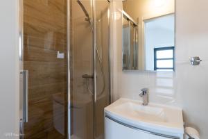 een badkamer met een wastafel en een douche bij Apartmani Gundulić in Osijek