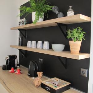 a kitchen counter with wooden shelves with plants on it at The 2Sisters Suite in Zadar