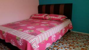a pink bed with two pillows on top of it at Seri Pengkalan Homestay in Bachok