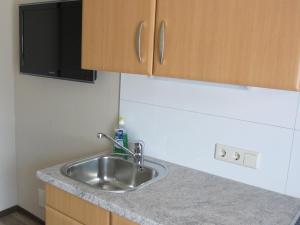 encimera de cocina con fregadero y microondas en Apartments Hartsleben en Flachau