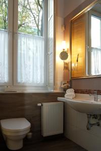 baño con aseo y lavabo y ventana en Branicki Boutique Rooms, en Białystok
