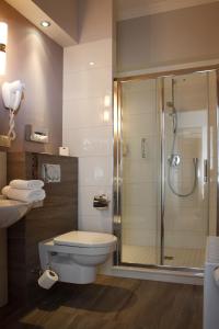 a bathroom with a shower and a toilet and a sink at Branicki Boutique Rooms in Białystok