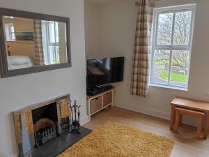 a living room with a fireplace and a television at Coastal View in Bushmills