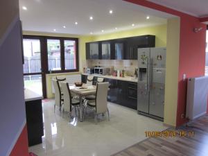 eine Küche mit einem Tisch und Stühlen sowie einem Kühlschrank in der Unterkunft CASA ANTON in Braşov