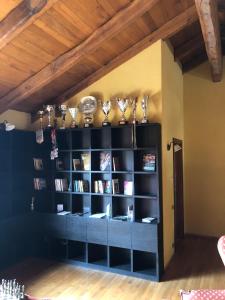 una estantería de libros negros con libros y trofeos en Villa Bonelli Bed & Fest en Savigliano