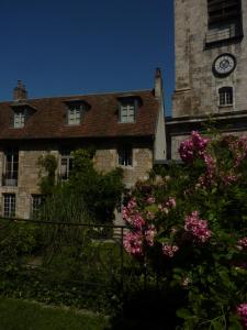 ein Gebäude mit einem Uhrturm mit rosa Blumen in der Unterkunft Résidence Charles Quint in Besançon