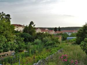 a view of a garden with houses in the background at Studio apartmani Šverko in Punat