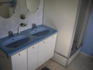 a bathroom with a blue sink and a mirror at Chambres à la campagne au nord d' Amiens in Rubempré +18 photos