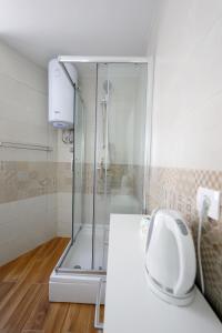 uma casa de banho com chuveiro e um telefone no balcão em Pyrotima Apartments em Zadar