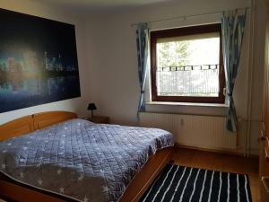 Schlafzimmer mit einem Bett und einem Fenster in der Unterkunft Wagner's Wohlfühl Wohnung (WWW) in Rollshausen