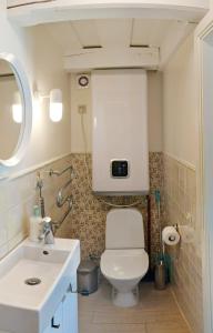 a bathroom with a white toilet and a sink at Poilsio burės in Nida +16 photos