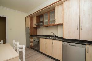 a kitchen with wooden cabinets and a sink and a dishwasher at AMPLIO APARTAMENTO EN BURELA in Burela de Cabo