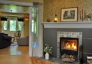 a living room with a fireplace at Auberge Beausejour in Les Éboulements