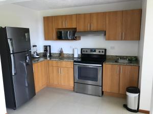 uma cozinha com utensílios de aço inoxidável e armários de madeira em Jaco Beach Penthouse em Jacó