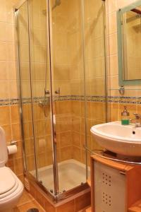 a bathroom with a shower and a sink at Apartamento RH in Nazaré